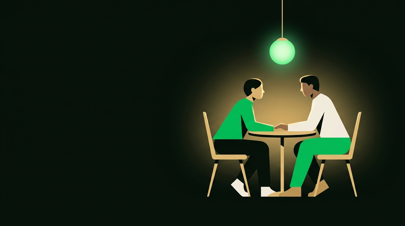 Two people on a date under a warm green light